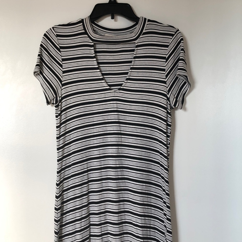 High-Collar V-Neck Black & White Striped Dress